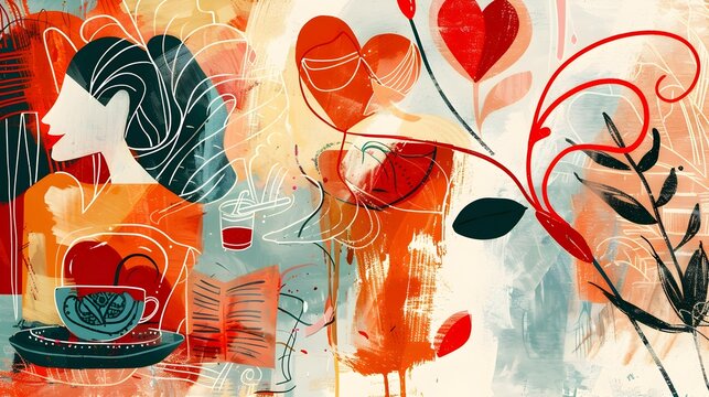 Contemporary art piece for Mother's Day featuring abstract heart elements and a warm, loving atmosphere.
