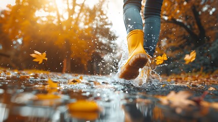 a person wearing yellow rain boots walking through a puddle - obrazy, fototapety, plakaty