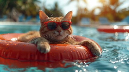 Cute orange cat wearing sunglasses. The cat is relaxing in a pool ring, floating in a swimming cool with mild blue water, in a hot summer day. - Powered by Adobe