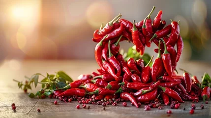 Fotobehang On a white background, red chilli peppers are laid out in the shape of a heart. This symbolizes passion, addiction, and Valentine's Day. © DZMITRY
