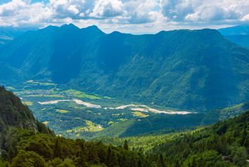 Panorama view over Soca river valley in Slovenia