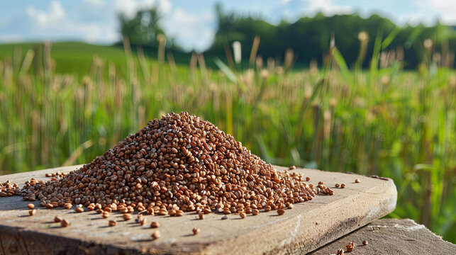 Buckwheat grains presented on a wooden board with the picturesque backdrop of a buckwheat field on a beautiful day