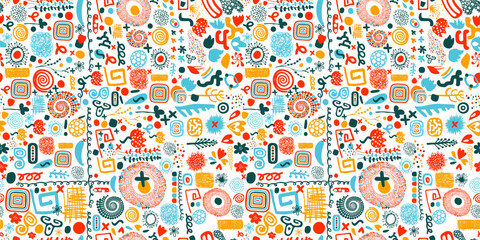 Colorful seamless pattern, background, header, collage with different shapes and textures. Vector illustrations. Trendy colors