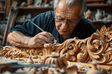 An expert craftsman meticulously carving intricate designs into fine wood, showcasing unparalleled skill and precision. Concept of artisanal craftsmanship. Generative Ai.