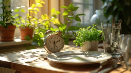 The concept of intermittent fasting, lunchtime, diet, and weight loss is represented by the alarm clock and the plate with the cutlery. - obrazy, fototapety, plakaty