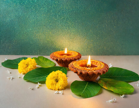 Happy Dussehra Indian Festival concept; Clay Diya lamps lit during Dussehra with yellow flowers, green leaf and rice on green pastel background.