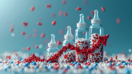 A concept of decline in fertility, depopulation, demographic crisis. Three-dimensional illustration of baby bottles with graphs and down-arrows. - obrazy, fototapety, plakaty