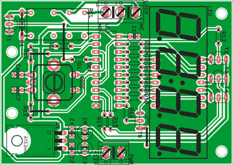 Vector printed circuit board of electronic 
device with components of radio elements, 
conductors and contact pads placed on it. 
Engineering drawing.