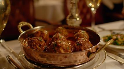 Traditional bulgarian meatballs in copper serving dish - obrazy, fototapety, plakaty