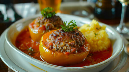 Traditional bulgarian stuffed peppers with mashed potatoes - obrazy, fototapety, plakaty
