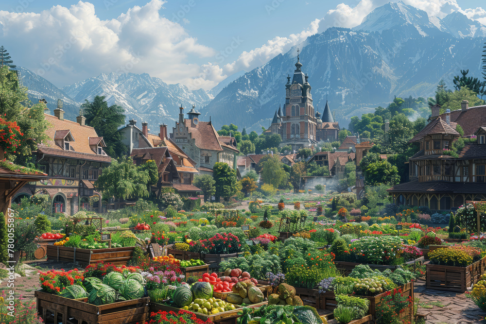 Canvas Prints A historic town square hosting a farmers' market alongside a tech expo showcasing the latest gadgets. Concept of community diversity. Generative Ai.