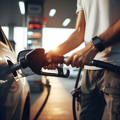 Close-up of a man filling up his car with gas