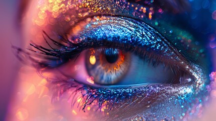 Close-up of a colorful eye with glitter makeup