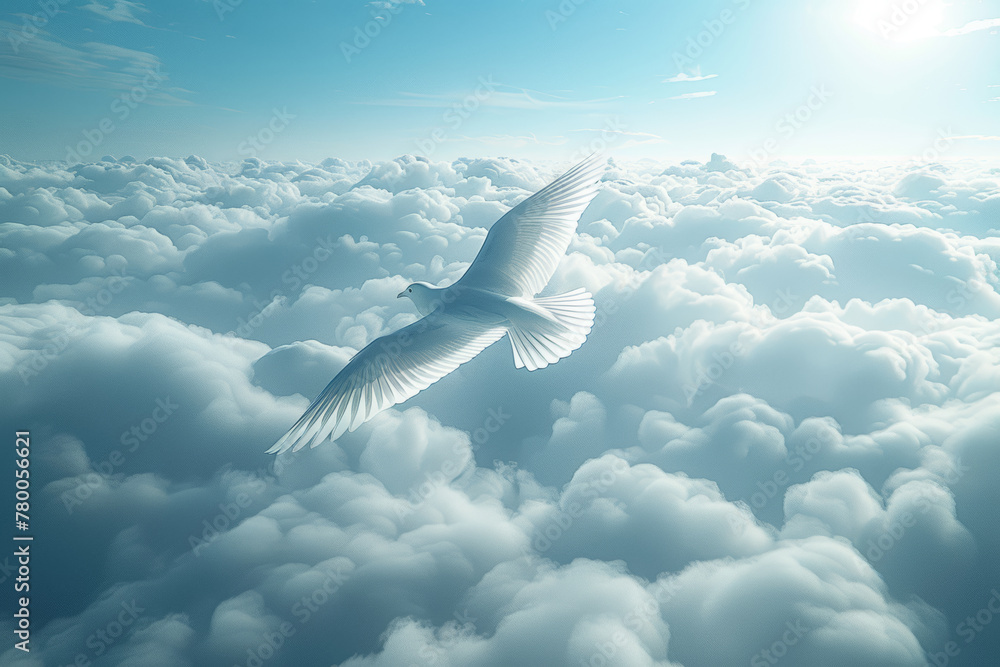 Poster a bird soaring high above the clouds, disappearing into the distant sky. concept of freedom and flig