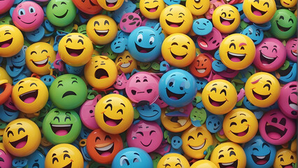 Many yellow balls with smiling faces. Social media and communications concept background - obrazy, fototapety, plakaty