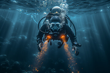 A diver descending into the depths of the ocean, surrounded by the darkness of the distant abyss. Concept of exploration and discovery. Generative Ai. - obrazy, fototapety, plakaty