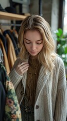 Fototapeta premium Woman Standing in Front of Rack of Clothes