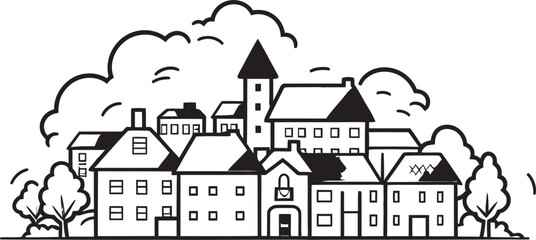 Skyline Schematic: Minimalist Townscape Vector Logo Urban Zenith: Simplified Line Drawing Icon