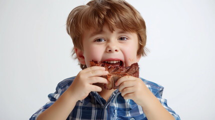 child eating steak isolated