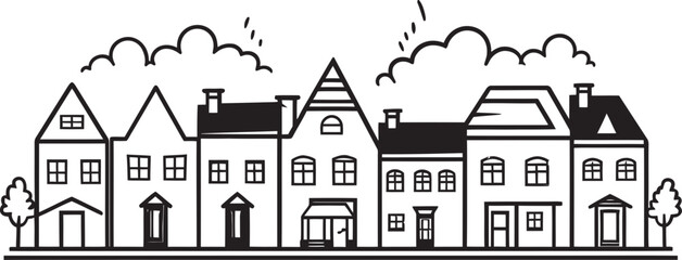 Downtown Delight: Vector Icon of Urban Landscape Skyline Silhouette: Clean Townscape Line Art Logo