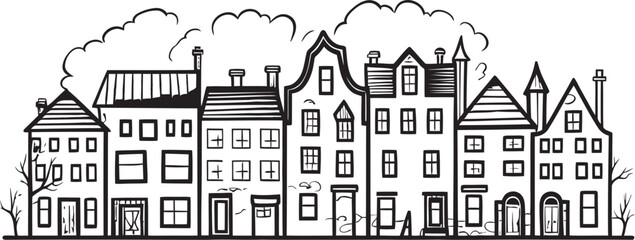 Obraz premium Town Tapestries: Simplistic Line Drawing Logo Architectural Aspects: Vector Icon of Cityscape Outline