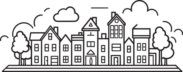 Fototapeta premium Cityscape Canvas: Vector Icon of Simple Townscape Downtown Delight: Minimalistic Urban Landscape Vector Logo
