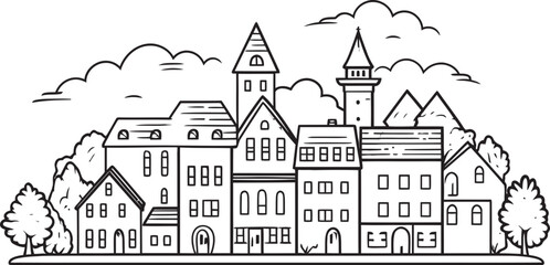 Architectural Essence: Basic Line Drawing Cityscape Icon Downtown Dynamics: Clean Vector Townscape Emblem