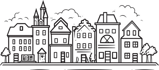 Township Trajectory: Vector Logo Featuring Townscape Sketch Downtown Design: Simple Line Drawing Logo Design