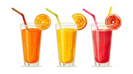 Three glasses of fresh juice with orange, lemon, and grapefruit slices on white background. Three glasses of freshly squeezed juice with orange, lemon, and grapefruit slices.