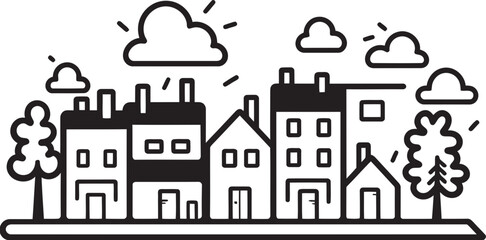 Naklejka premium Skyline Schematic: Simplified Vector Townscape Icon Architectural Aura: Clean Line Drawing Urban Landscape