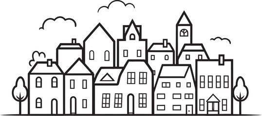 Architectural Abstraction: Clean Line Drawing Logo Design Cityscape Canvas: Vector Icon of Simple Townscape