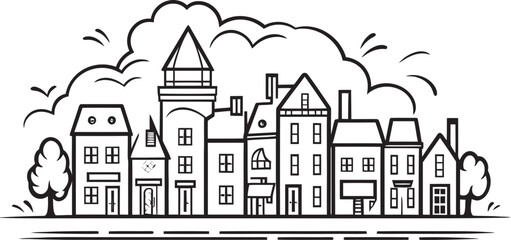 Architectural Aura: Basic Line Drawing Vector Cityscape Cityscape Chronicles: Simplistic Townscape Icon Design