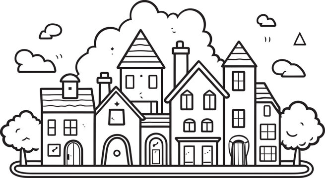 recommend clip art: Metropolitan Mirage: Vector Logo of Minimalist Urban Scene Skyline Schematic: Clean Townscape Line Art Design