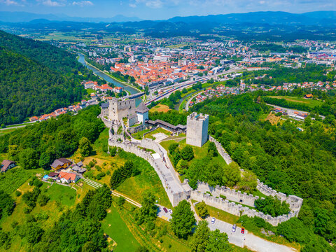 Aerial view of Celje castle and surrounding neighborhood, Slovenia