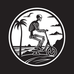 Skele-Scooter Seaside: Vector Logo Beachside Biker Bones: Beach Scooter Icon