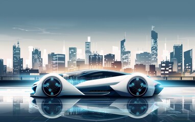 A futuristic white car with blue illuminated wheels stands before a stylized cityscape, reflecting off the glossy surface below
