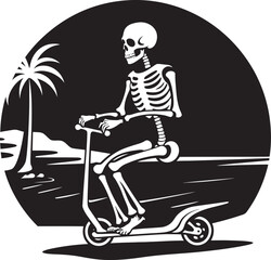 Beach Boneyard: Skeleton Riding Scooter Icon Coastal Cruiser: Skeleton Scooter Vector Graphics