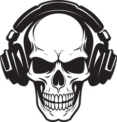 Audio Ossification: Logo Featuring Skull and Headphones Rhythm Resonance: Vector Icon of Skeleton Listening to Music