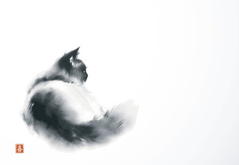 Ink painting of fluffy cat. Traditional Japanese ink wash painting sumi-e. Hieroglyph - joy - 780059216