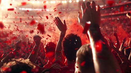 a crowd of people in a stadium with confetti flying - Powered by Adobe