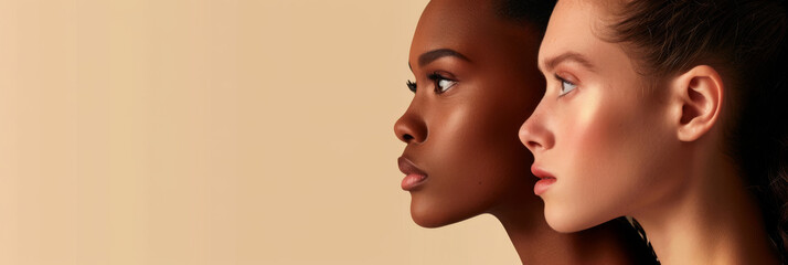 Profile photo of three women with different skin tones, each showing their unique beauty and diversity in their faces. The background is a neutral beige to create focus on facial features.