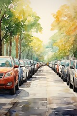 The painting depicts a scene of several cars parked in an orderly manner in a parking lot. The vehicles range in size and color, creating a structured composition