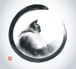 Ink painting of fluffy cat. Traditional Japanese ink wash painting sumi-e in black enso zen circle. Hieroglyph - happiness.