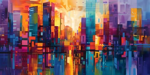 a colorful cityscape with water