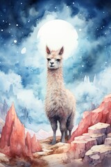 Obraz premium A watercolor painting depicting a llama standing proudly on a rocky cliff, with the moon shining in the background. The llamas fur is detailed, and the rocky terrain adds depth to the piece