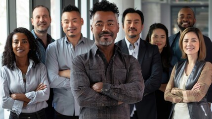 Diverse group of business people team standing in an office, smiling and looking at the camera with arms crossed. A man posing as the leader is in the center posing for a portrait