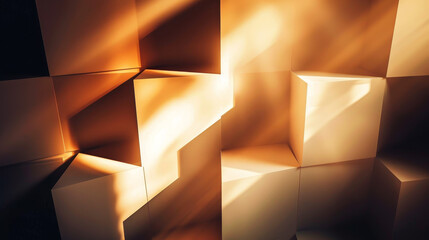 Golden light illuminating a geometric pattern of cubes and shadows.