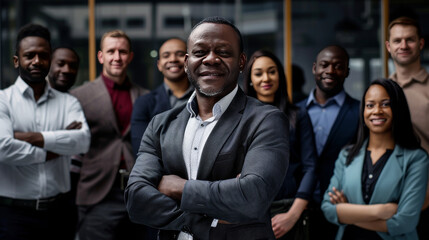 Obraz premium Diverse group of business people team standing in an office, smiling and looking at the camera with arms crossed. A man posing as the leader is in the center posing for a portrait