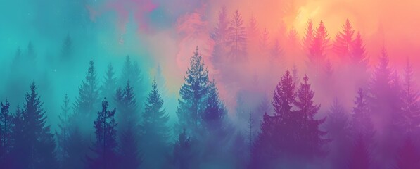 a group of trees in a foggy forest