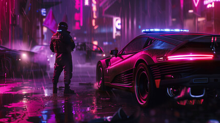 A futuristic scene with a policeman in tactical gear standing beside a sleek sports car with glowing neon lights, reflected on wet city streets under a digital billboard-lit night sky